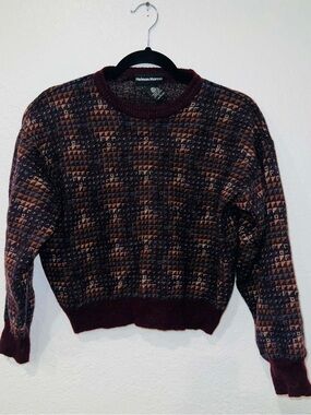 Vintage Neiman Marcus Merino Wool Blend Sweater Large Brown Geometric 80s 90s W